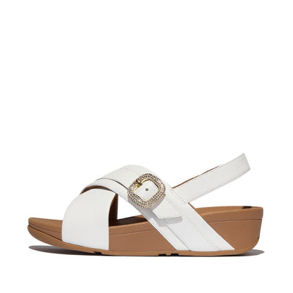 LULU CRYSTAL-BUCKLE LEATHER BACK-STRAP SANDALS