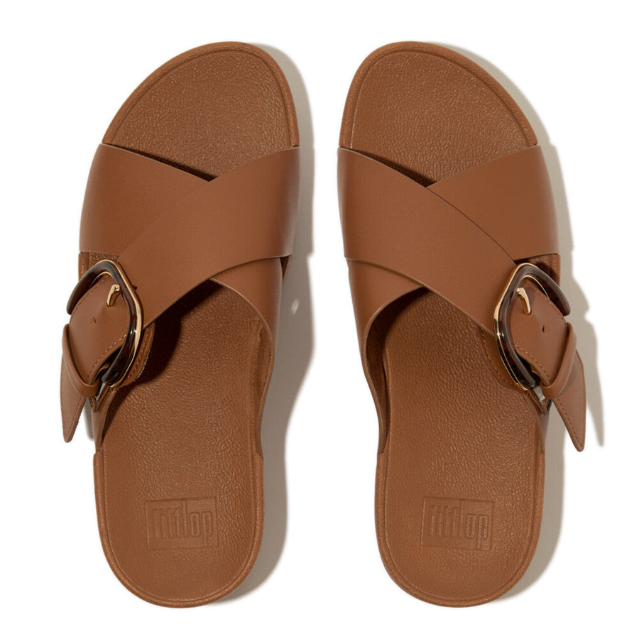 LULU RESIN-BUCKLE LEATHER CROSS SLIDES – FitFlop Thailand