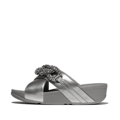 LULU BEADED-CHAIN LEATHER CROSS SLIDES