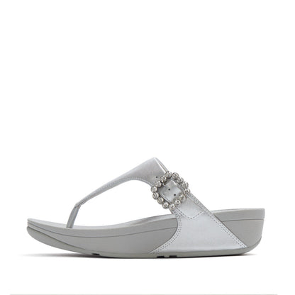 LULU CRYSTAL-BUCKLE LEATHER TOE-POST SANDALS