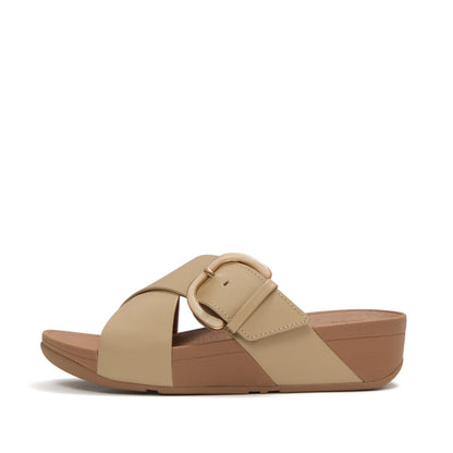 LULU RESIN-BUCKLE LEATHER CROSS SLIDES